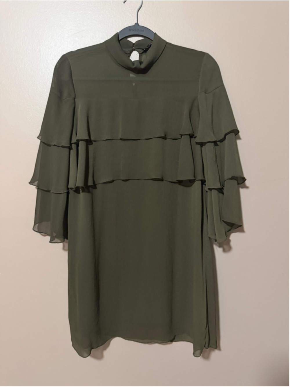 Zara Basic Green Chiffon Sheer Ruffle Bell Sleeve Shift Dress Womens S